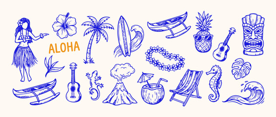 Hawaiian Summer Collection: A vibrant collection of hand-drawn icons representing the spirit of Hawaii, from hula dancers and ukuleles to tropical fruits and surfboards. © Saiid-Designs