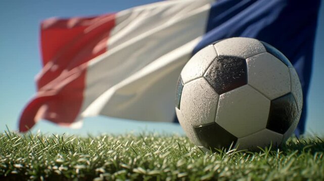 Close-up of a classic black and white soccer ball on green grass with a waving French flag in the background.