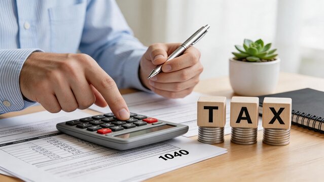Person calculating taxes on form 1040 with calculator and pen, financial planning concept showing wooden tax blocks on coins for accounting and money management services.