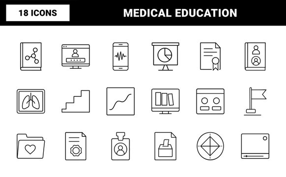 Continuing medical education line icon set. Vector pictograms of professional development, healthcare certification, academic reporting, and clinical training elements, thin linear illustration.