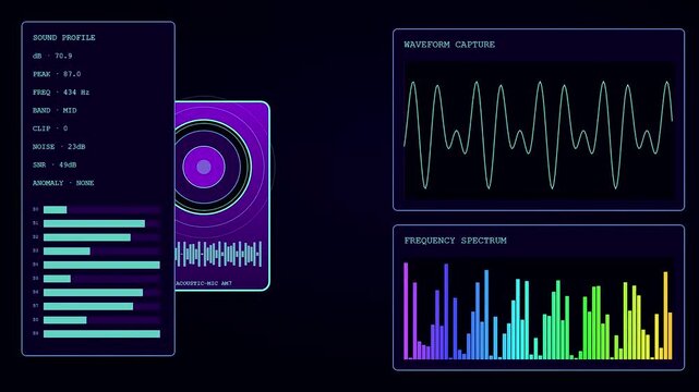 Digital factory sensor monitoring interface screens display oscillating sound wave patterns and multicolored frequency spectrum bar charts for advanced acoustic data analysis in a dark environment