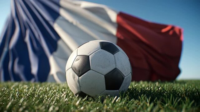 Soccer ball on grass with French flag waving in background under clear sky.