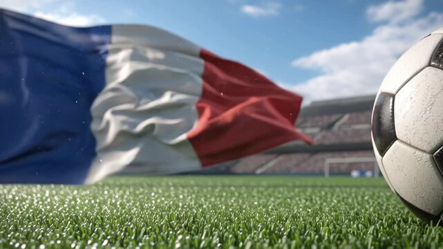 Close-up of soccer ball on grass with French flag waving in stadium background.