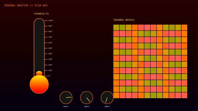 Industrial factory sensor monitoring dashboard showing dynamic thermal fluctuations across heat mapping grids with animated gauge needles changing levels in a professional dark screen user interface