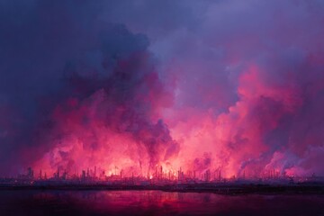 Fototapeta premium Oil refinery ablaze: evening sky painted with flames. Majestic b