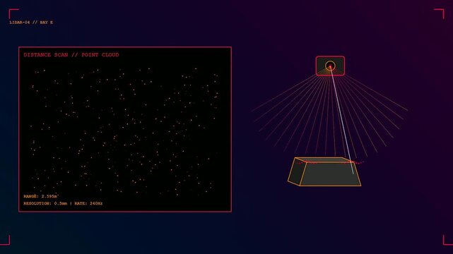 Factory sensor monitoring displays light beams striking a physical object in a dark digital interface showing distance measurement data points across three synchronized screen frames