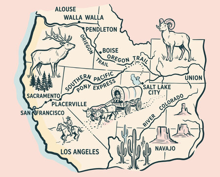 Vintage western map illustration featuring Oregon Trail and Pony Express routes historical American frontier hand drawn map with covered wagon wildlife and desert landmarks retro travel art