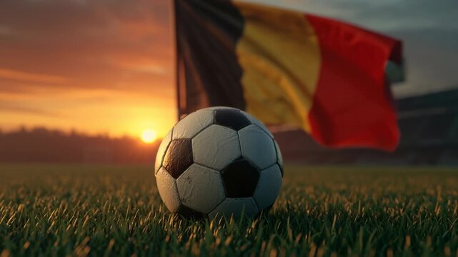 Soccer ball on grass field with Belgian flag at sunset.