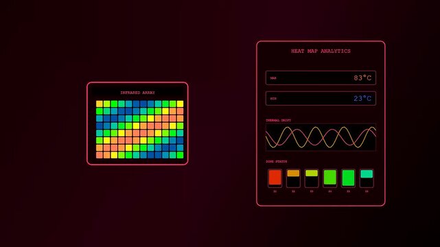 A factory sensor monitoring display showing infrared array data panels with shifting grid colors and thermal oscillation line graphs pulsing on a dark digital interface screen