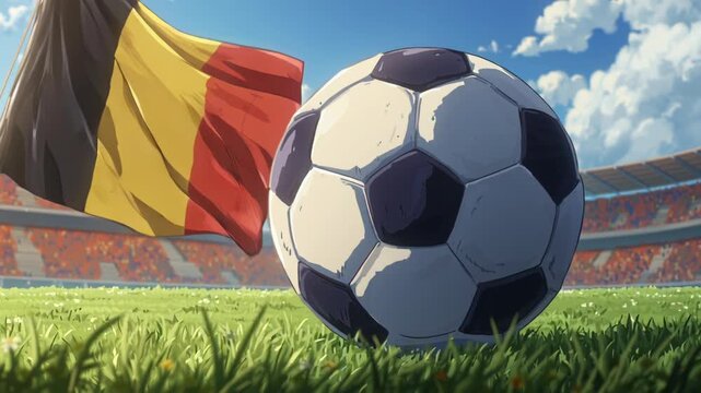 Close-up of a soccer ball on grass with a stadium and a waving Belgian flag in the background.
