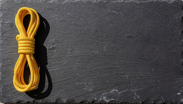 Bright yellow paracord rope hank aligned on dark slate surface background