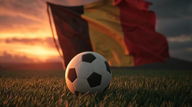 Soccer ball on grass with Belgian flag waving at sunset.