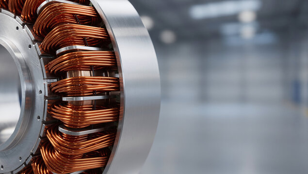 Electric motor copper wire windings stator component on blurred factory workshop background