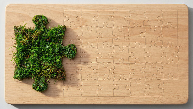 Giant green moss puzzle piece next to wooden jigsaw pattern grid on board