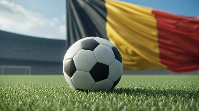 Soccer ball on grass field with Belgian flag in background under blue sky.