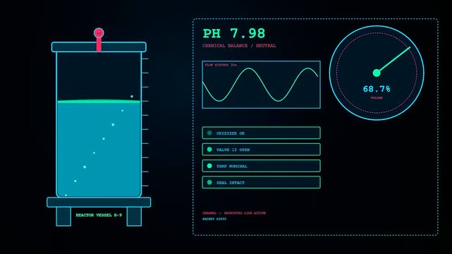 Industrial factory sensor monitoring systems display animated digital vessel data with glowing graphs levels and gauges in a dark interface for scientific research and chemical control