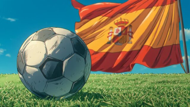 Soccer ball on grass field with Spanish flag waving in background.