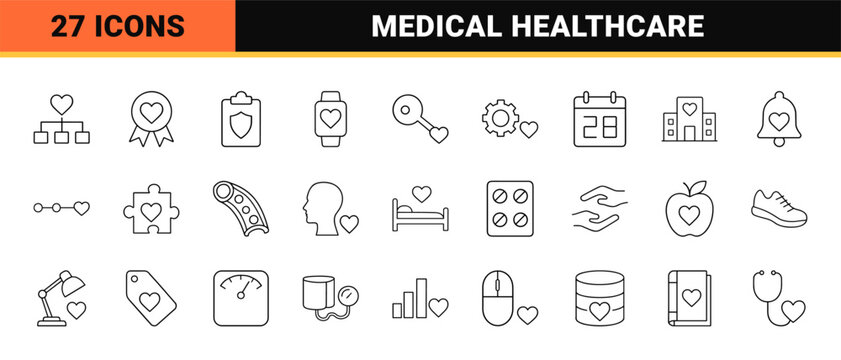 Heart disease management line icon set. Vector pictograms of cardiovascular care, medical health diagnostics, patient monitoring, and cardiology treatment elements, thin linear illustration.