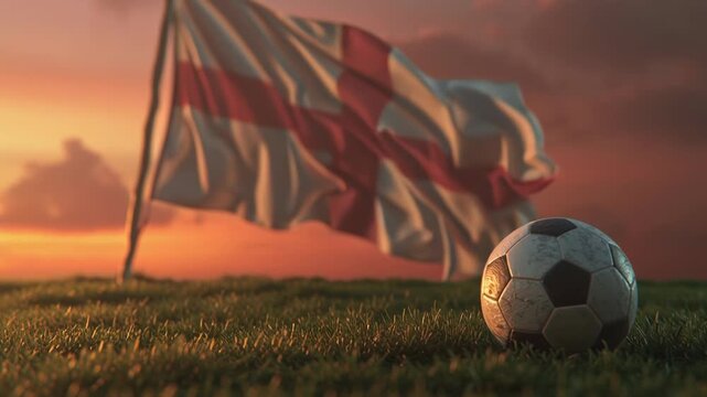 Soccer ball on grass field with England flags waving at sunset.