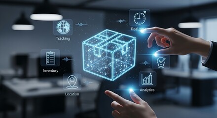 Naklejka premium Professional interacting with holographic delivery box and tracking icons for logistics.