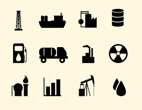 Oil and Gas Industry Vector Icons Collection Featuring Offshore Platform, Oil Tanker, Refinery, Fuel Station, Storage Tank, Tanker Truck, Pumpjack, Natural Gas Facility