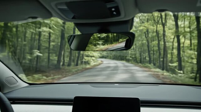 View through car windshield driving on a winding road surrounded by green forest trees.