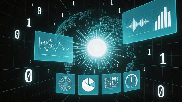 Futuristic global digital network concept with earth globe surrounded by binary code, data screens, sound waves and analytics icons representing big data processing, cloud