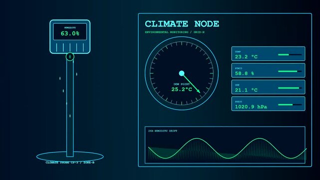 Digital displays showing factory sensor monitoring across multiple industrial nodes with fluctuating metrics and wave forms represented in a dark luminous aesthetic for data management systems