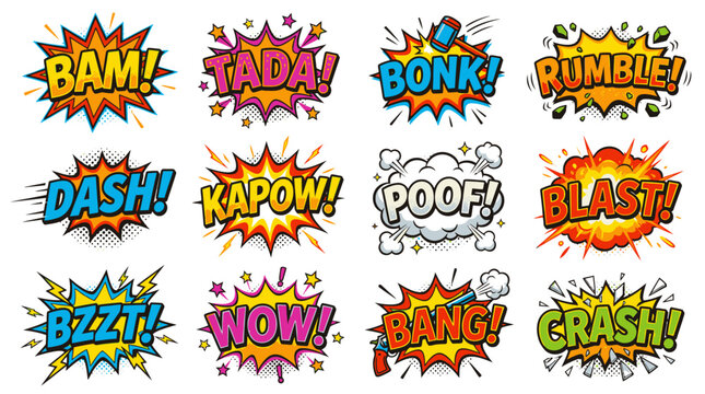 Action comic book stickers with kapow blast and poof.