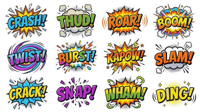 Action comic sound effect bubbles including crash thud and roar.