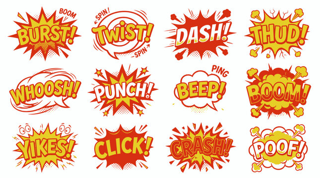 Action comic sound bubbles burst twist dash and boom set