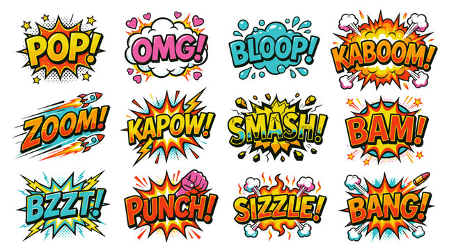 Action comic sound effect bubbles with kaboom and smash text.
