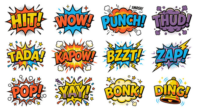Action comic book sound effect bubbles set with vibrant colors.