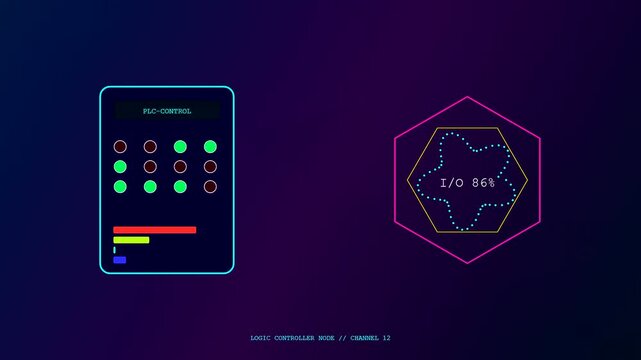 Industrial factory sensor monitoring systems display changing numeric data values across three separate digital console interface screens rendered with vibrant glowing geometric neon light patterns