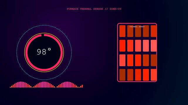 Digital factory sensor monitoring interface displays live thermal heat metrics as changing numeric data and animated bar graphs flicker on a dark glowing graphical user panel