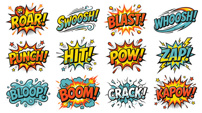Action-packed comic book sound bubbles with Kapow and Boom.