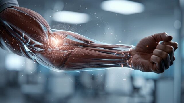 Detailed digital illustration of human arm muscles and joints anatomy.