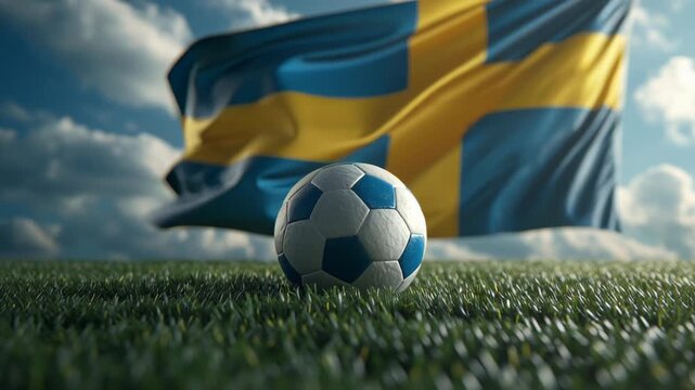 Soccer ball on grass field with waving Swedish flag in background.