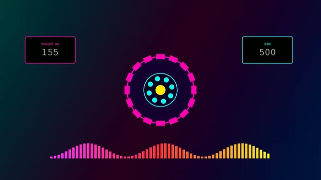 A factory sensor monitoring display showing rotating gear visuals with numerical data overlays captured in a dark studio setting with vibrant glowing neon light gradients