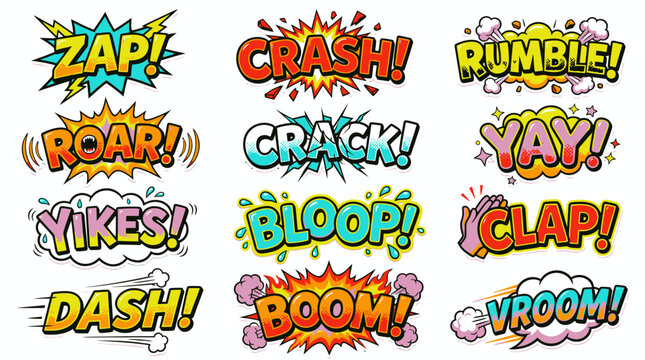Action comic sound effects with zap and crash.