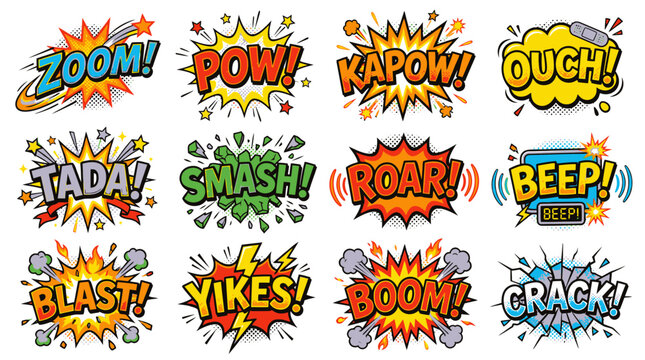 Action comic speech bubbles including zoom pow and kapow.