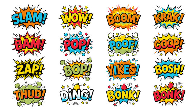 Action oriented comic book onomatopoeia stickers for creative design.