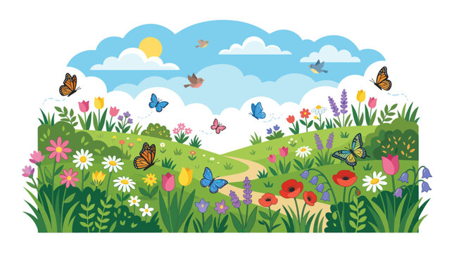 colorful spring meadow with flowers and butterflies