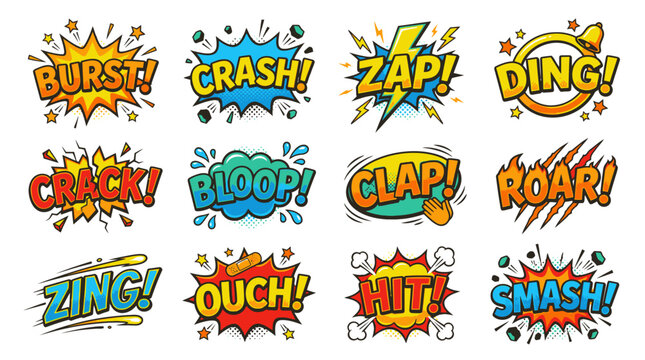 Action packed comic book bubbles and colorful sound effects.