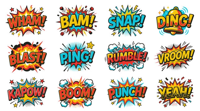 Action packed comic sound effect bubbles with vroom and bam.