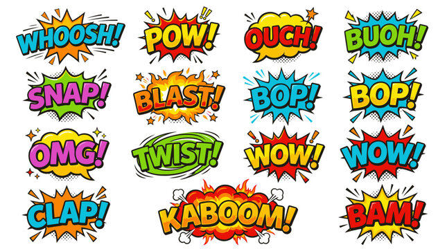 Action-packed comic sound effects and kaboom speech bubbles.
