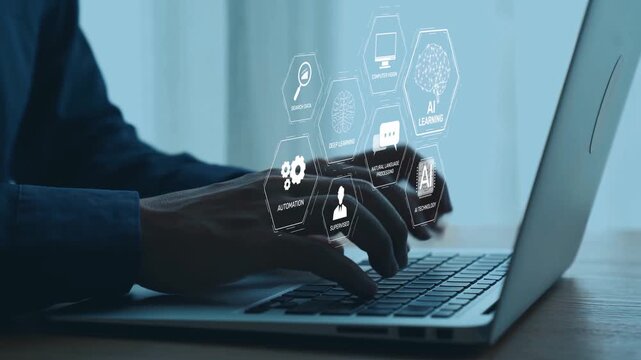 AI learning system involves deep learning, supervised machine learning, and natural language processing. AI learning diagram shows how AI advances learn in automation and data processing. Elide