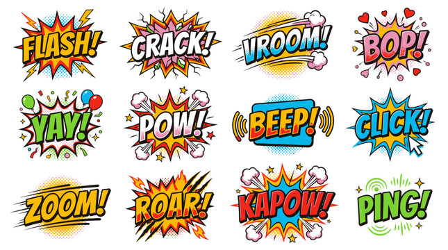 Action packed comic sound effects and speech bubbles set.