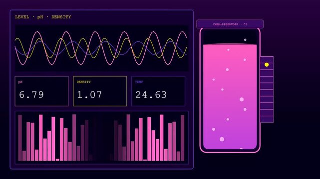 Factory sensor monitoring displays showing changing fluid levels in three panels with glowing digital graphs and pink volumetric readings for automated chemical industrial research facility testing