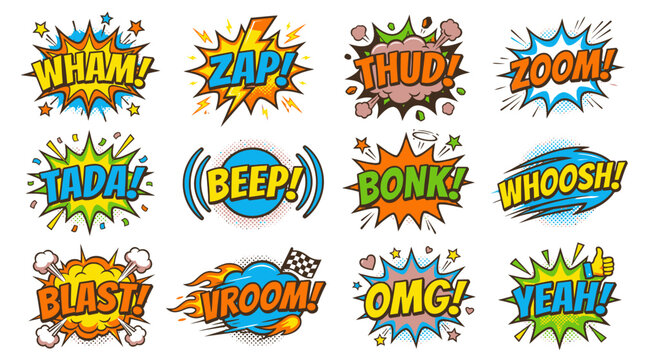 Action-packed comic sound effects and speech bubbles collection